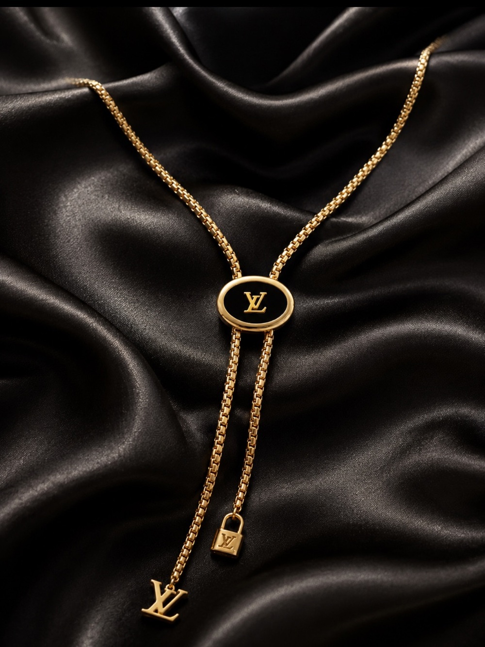 Brand New Gold and Black Long LV Lariat Necklace with Padlock Charm